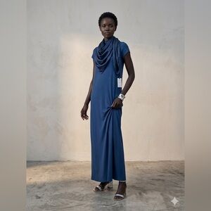 1 People Blue Dresden High Neck Column Maxi Dress - Eco-Friendly - S